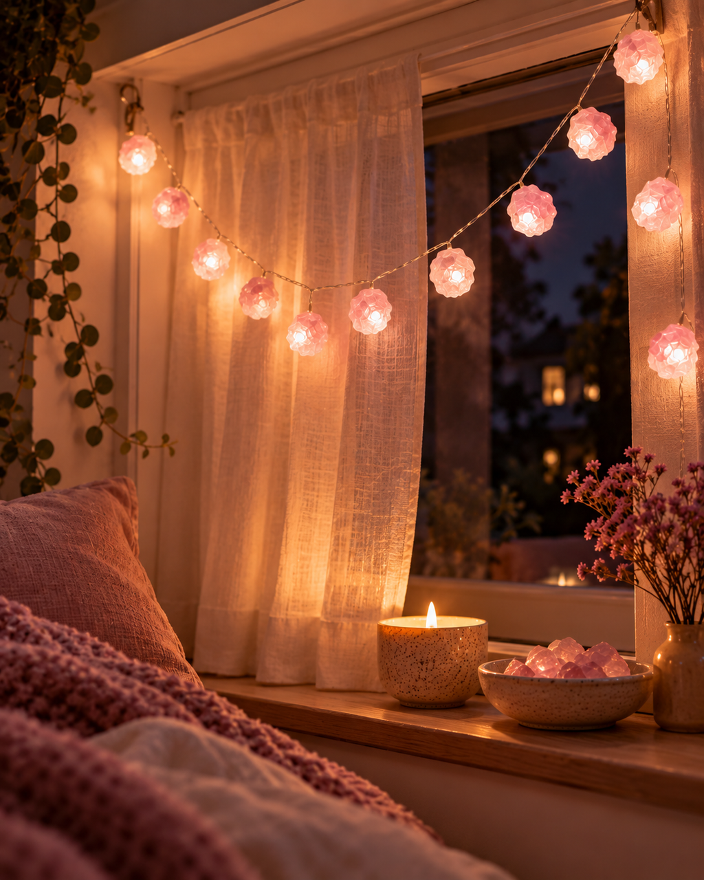 Luces de cuarzo rosa para decorar el dormitorio