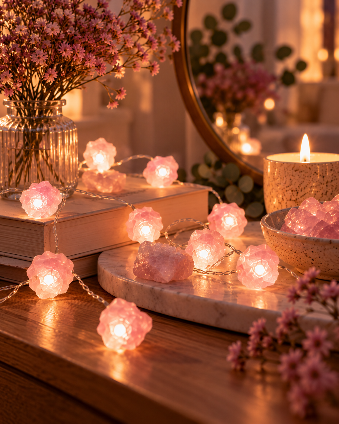 Luces de piedras de cuarzo rosa, regalo de Navidad