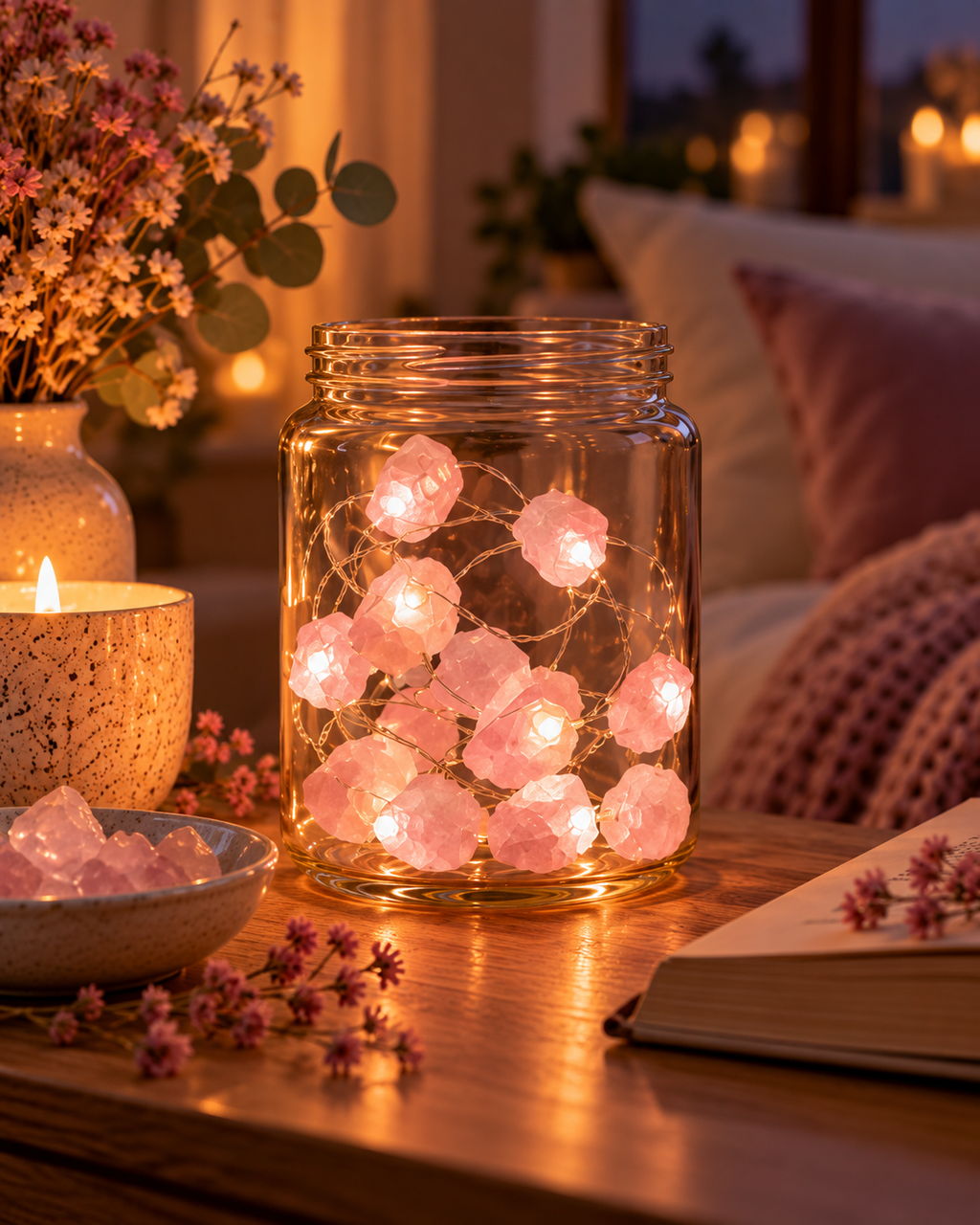 Guirnalda de luces con piedras de cuarzo rosa