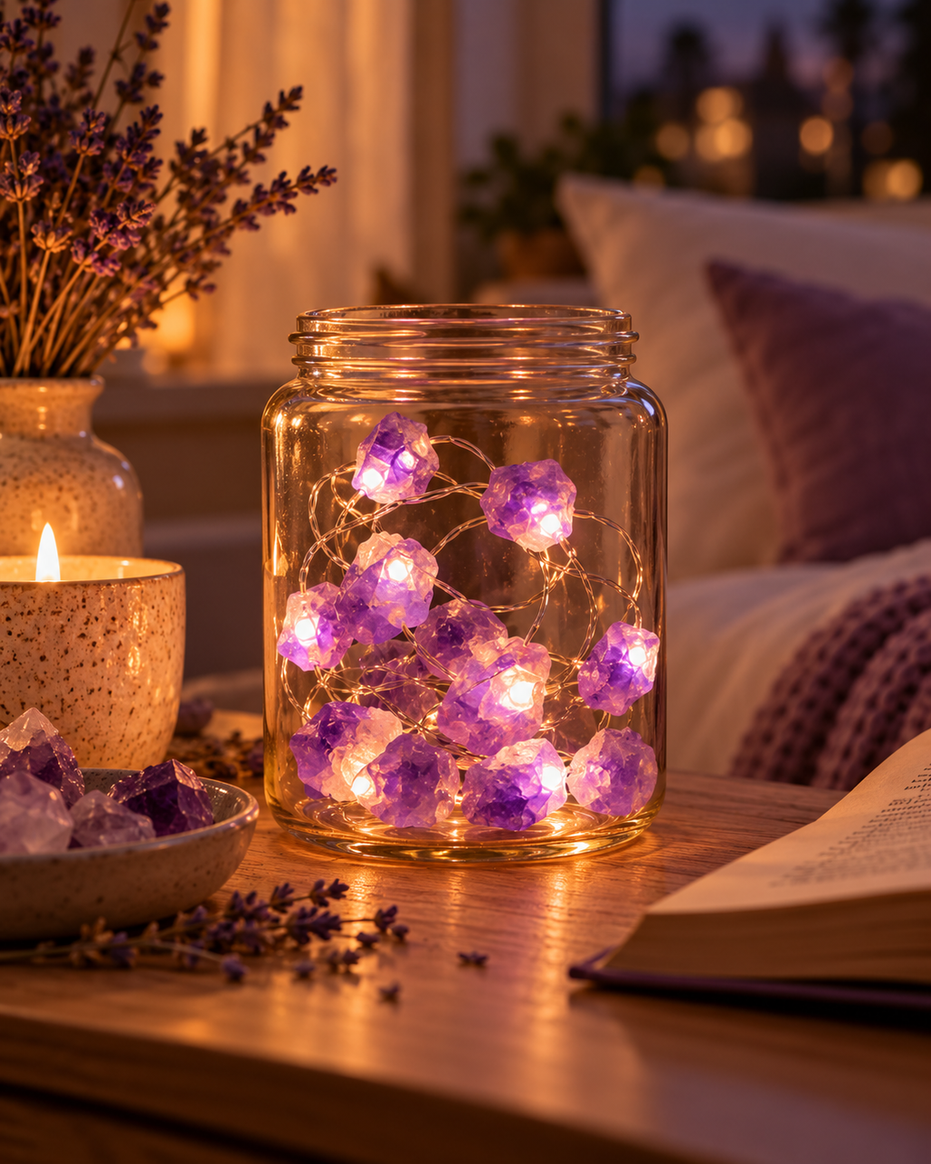 Luces de piedras de amatista encendidas en un ambiente cálido