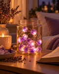 Luces de piedras de amatista encendidas en un ambiente cálido