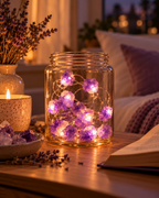 Luces de piedras de amatista encendidas en un ambiente cálido
