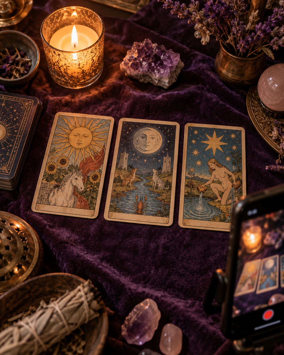 Lectura de tarot en vídeo: tres cartas sobre paño morado