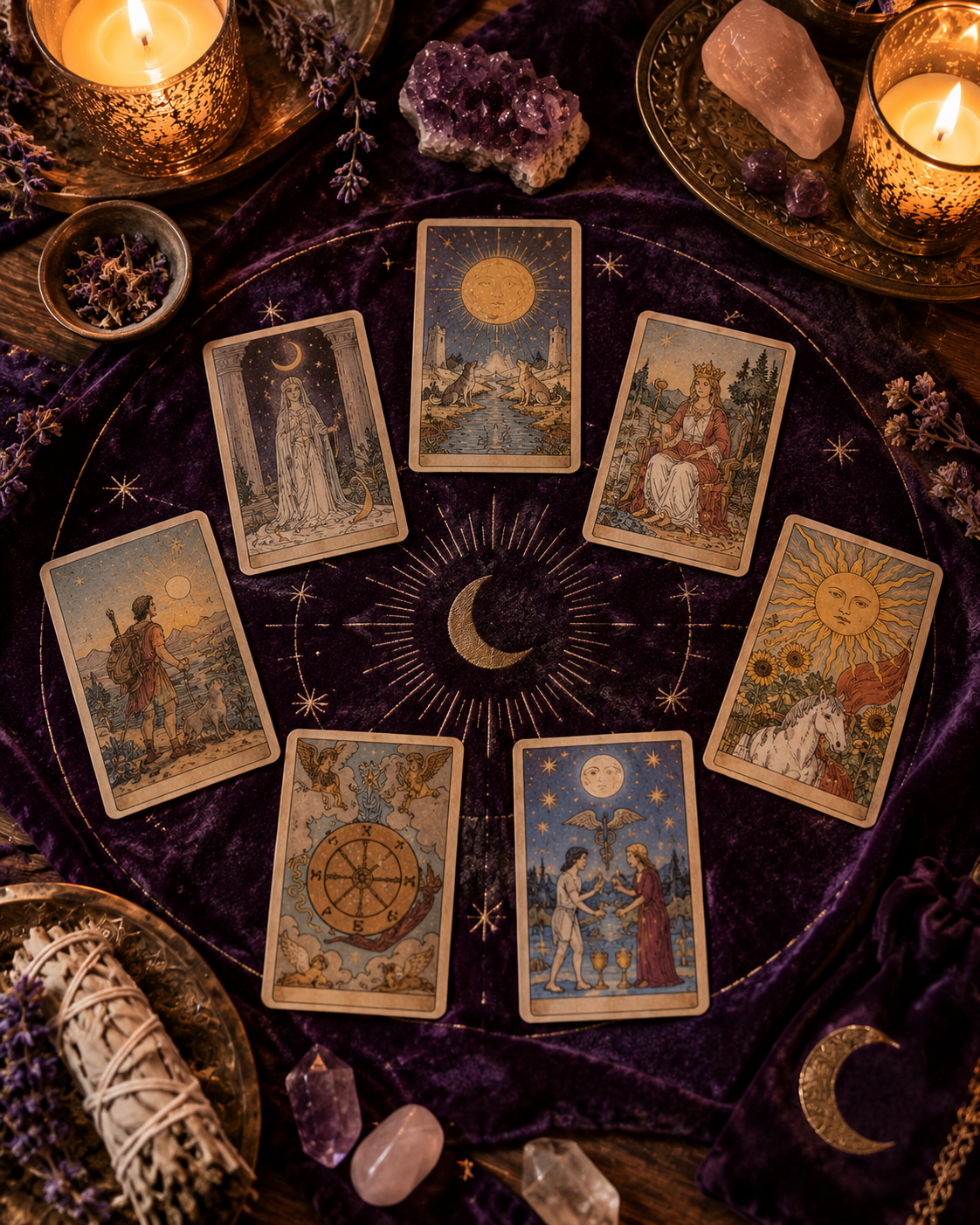 Tirada general de tarot sobre paño morado
