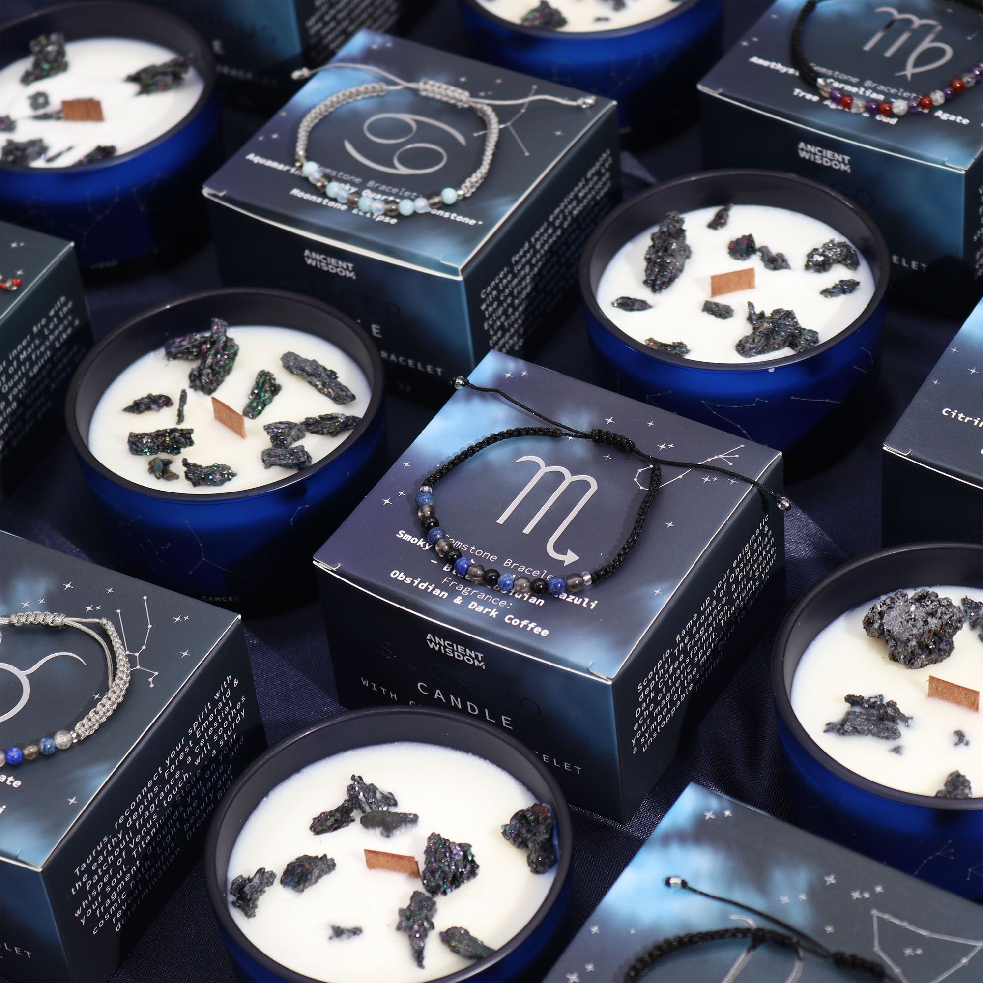 Vela de cristal del zodiaco con pulsera de piedras preciosas - Cáncer